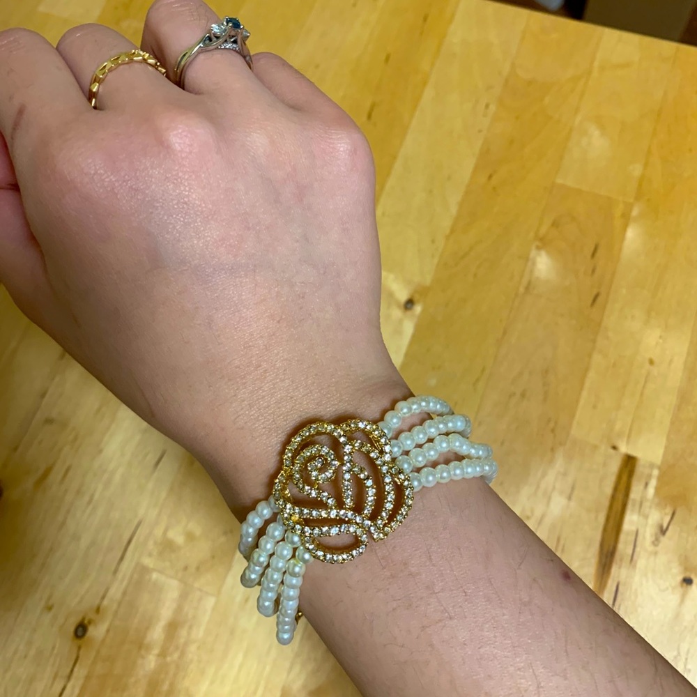 CZ pave rose and pearl bracelet
